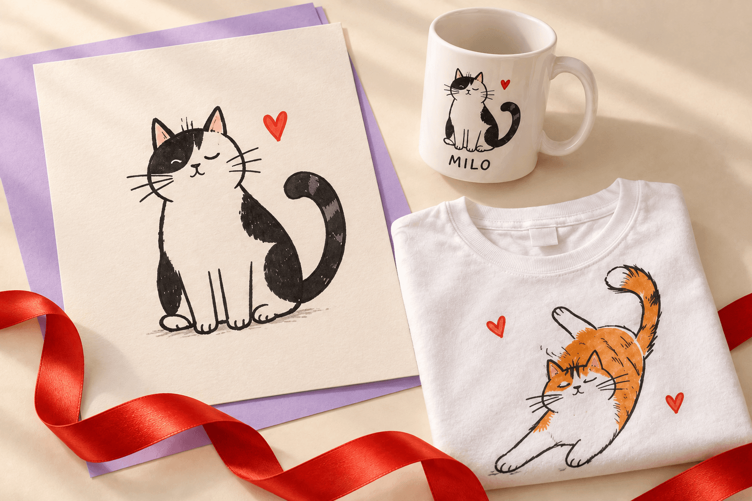 Illustrative cat artwork across an art print, mug, and shirt.